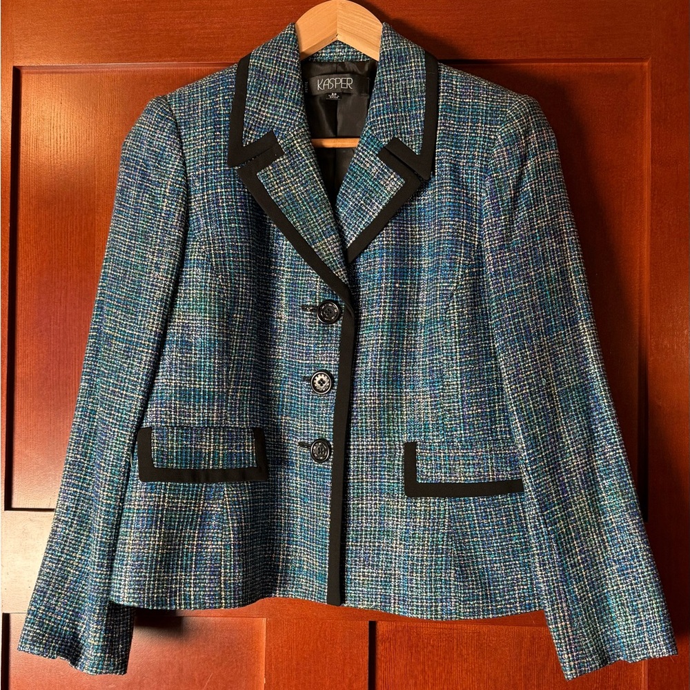 Kasper Women's Multicolor Silk Tweed Blazer with Black Trim Size 8P